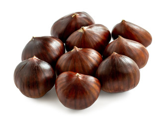 Chestnut Isolated. Roasted sweet chestnuts for Christmas on white background. Macro