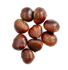 Obraz premium Chestnut Isolated. Roasted sweet chestnuts for Christmas on white background. Food concept. Top view. Flat lay