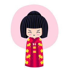 Kokeshi. Kawaii little traditional doll. Japanese girl in kimono. Vector flat illustration.