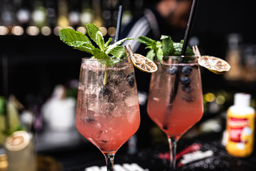 cocktails and soft drinks on the bar