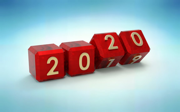 Red cubes with 2019-2020 change on a blue background represents the new 2020 year, three-dimensional rendering, 3D illustration