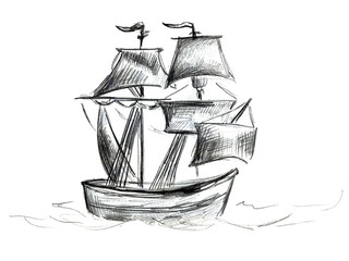 Abstract background of boat in the bottle. Pencil sketch painting style. Black and white. Ship in the sea