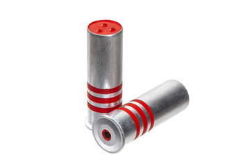 Ammunition for signal flares gun isolate on a white background. Silver ammo with red stripes. Red flares.