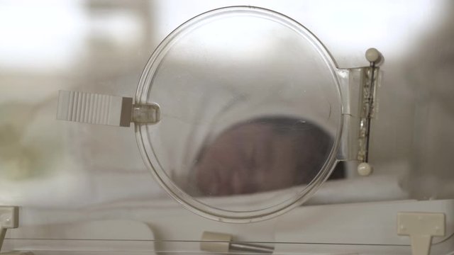 Premature newborn baby sleeping during treatment in incubator at hospital intensive care unit, interior scene, close-up face.