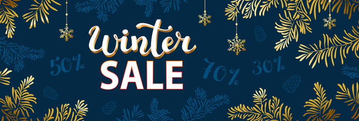 Winter sale or holidays background with branches and snowflakes.