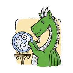 Dragon sitting and guesses on the crystal ball. Fairytale cute monster