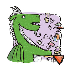 Dragon sitting and guesses on tarot cards. Fairytale cute monster