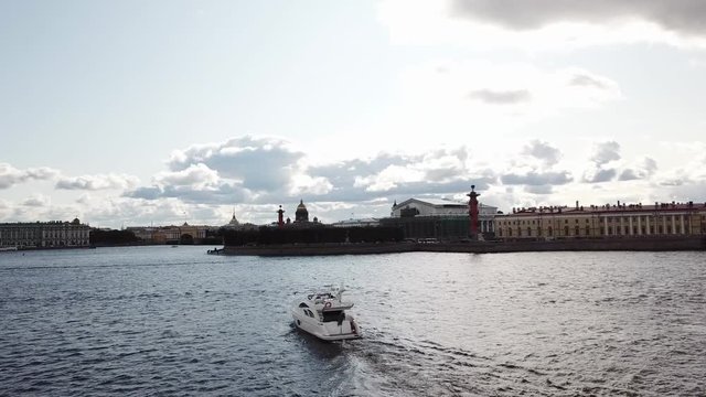 Luxury yacht sailing in Saint-Petersburg city in summer aerial