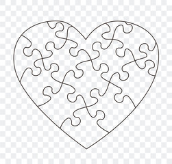 Puzzles grid vector. Black line jigsaw puzzle pieces. Heart shape frame template illustration.