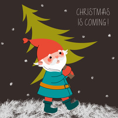 Cute Nisse carrying a Christmas tree. Hand drawn style cartoon illustration. Vector template. Merry Christmas and Happy New Year.