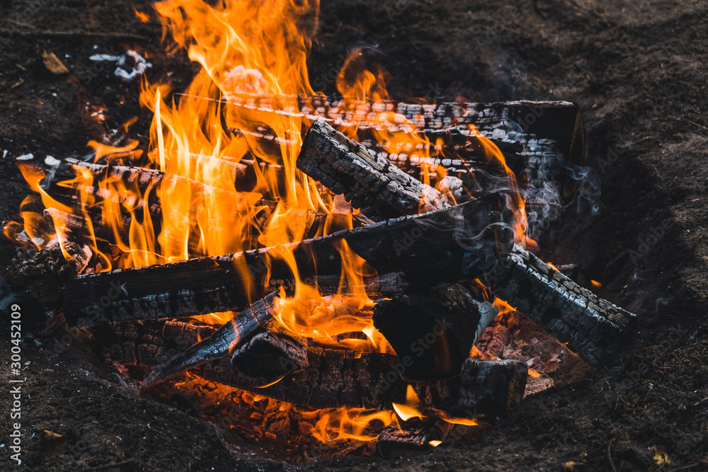 Wall mural fire flame from fireplace, outdoor fire.