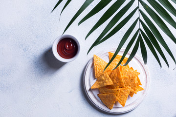 Traditional Mexican snack nachos on a cutting board with chili sauce and a palm branch on a white background