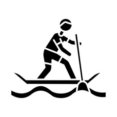 Paddle surfing glyph icon. Sup boarding watersport, extreme underwater kind of sport. Recreational outdoor activity and hobby. Silhouette symbol. Negative space. Vector isolated illustration