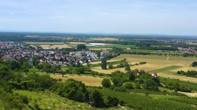 Aerial view from the castle Schloss Alsbach in Germany. On a sunny day in Summer. Ascending beside the city.