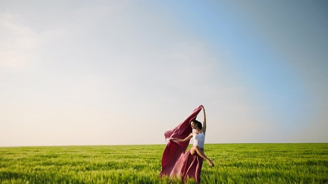 Professional female modern classic dancer in pink fabric dress dancing in the wind in green field. Feeling of freedom