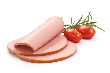 Sliced boiled pork sausage, isolated on white background