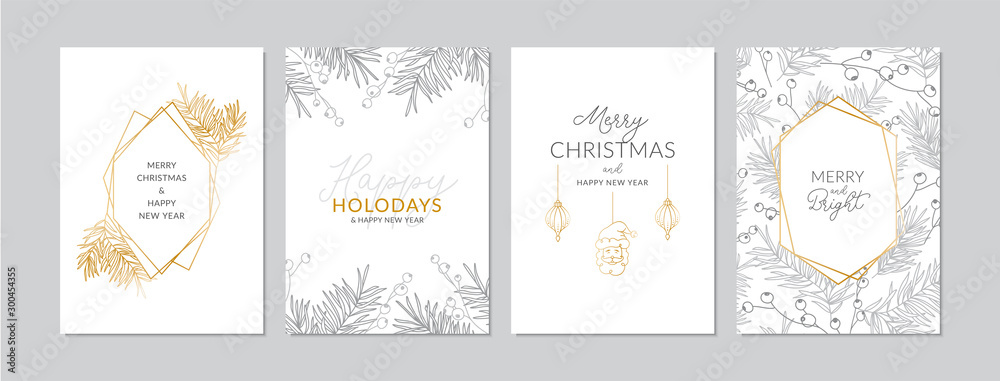 Wall mural golden and silver christmas cards set with hand drawn tree branches and berries. doodles and sketche - Wall murals
