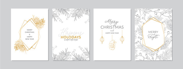 Fototapeta Golden and silver Christmas cards set with hand drawn tree branches and berries. Doodles and sketches vector illustrations, DIN A6 obraz