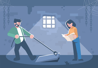 Couple in quest room flat vector illustration. Young woman reading map, man opening basement door cartoon characters. Friends in escape room searching exit. Modern entertainment, logic game