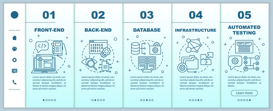 Front-end, back-end development onboarding mobile web pages vector template. Responsive smartphone website interface idea with linear illustrations. Webpage walkthrough step screens. Color concept