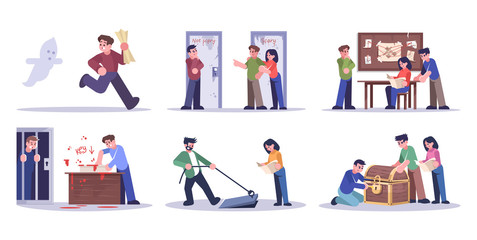 People in escape room flat vector illustrations set. Friends solving puzzles isolated cartoon characters on white background. Friends getting out of trap, finding solution of conundrum. Quest room