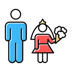 Child marriage color icons set. Girl and man, groom and bride. Forcible wedlock. Compulsory marriage. Female, male rights. Relationship with no consent. Criminal offense. Isolated vector illustrations