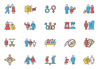 Gender equality color icons set. Woman, man right. Sexual slavery. Female economic activity. Transgender people. Employment, work. Female, male politics. Family planning. Isolated vector illustrations