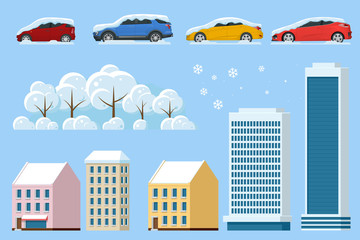 Flat isolated winter icons snowy car, snowdrift, house, office, snowy tree. Cars covered in snow on a road during snowfall. Snowstorm. Lots of cars.