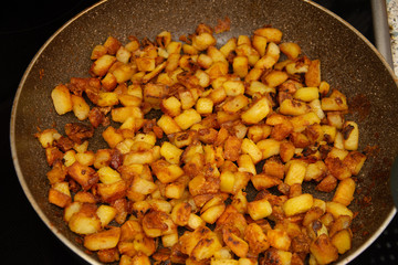 Bread croutons,fried bread on the pan 