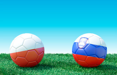 Two soccer balls in flags colors on green grass. Poland and Slovenia. Group G. 3d image