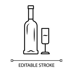 Open bottle and glass of champagne linear icon. Wine service thin line illustration. Sparkling wine contour symbol. Glassware, winery, wineglass. Vector isolated outline drawing. Editable stroke