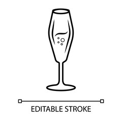 Flute wineglass linear icon. Sparkling wine thin line illustration. Champagne contour symbol. Party cocktail. Sweet aperitif drink. Vector isolated outline drawing. Editable stroke