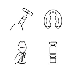 Alcohol drinks tableware linear icons set. Wine glasses, decanters, bottles thin line contour symbols. Foil cutter, corkscrew. Barman tools. Isolated vector outline illustrations. Editable stroke