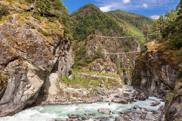 Everest, suspention bridge on the Everest Base Camp Trek, Himalaya mountains, Sagarmatha National Park, Nepal.