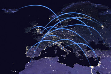 Connectivity concept with communication around Europe, Africa and the Middle East seen from space -...