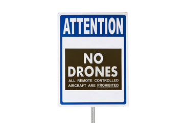 Attention no drones all remote controlled aircraft are prohibited sign isolated on white.