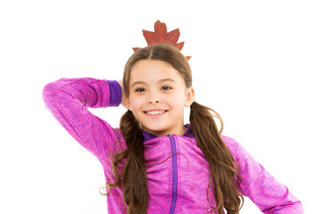 So happy. beauty of fall season. happy childhood. school girl oak leaf bunch. small girl oak leaves isolated on white. little child feel unity with nature. collect autumn colors