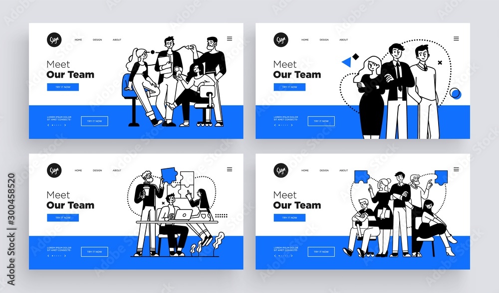 Sticker collection of succesfull team web page templates. teamwork concept outline vector style.