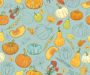 Seamless pattern with pumpkins, autumn leaves, apples, pears, ears of wheat and rowan
