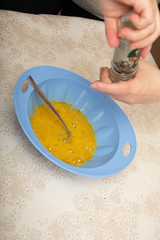 Preparation of homemade cakes. Whipping eggs