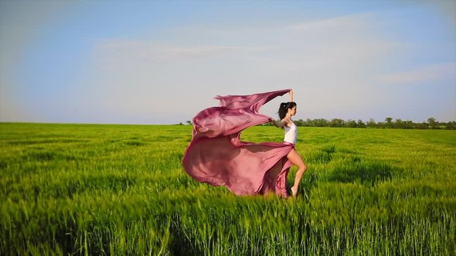 Wind of freedom and change. Classic dance on nature background. Professional female modern dancer in pink fabric dress dancing in green field.
