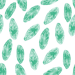 Watercolor leaves seamless pattern with white outline. Surface design for textile and wallpaper.