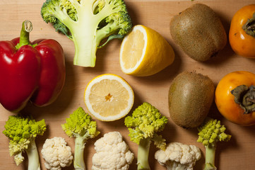 vegetables and fruits on blackboard composition