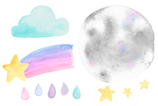 Watercolor Moon Shooting Star Cloud