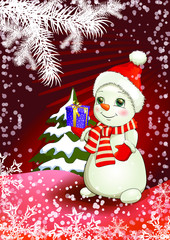 Merry Christmas and Happy New Year greeting card. Snowman with a gift box in his hand and spruce tree. Vector isolated for postcard. The snow man on Christmas day, Merry Christmas and Happy new year