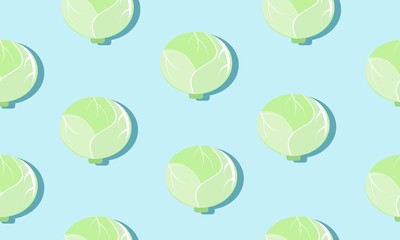 Seamless blue background with cabbage heads with shadow. Vector  illustration design with vegetables for template.