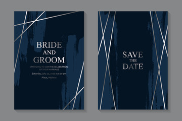 Set of modern grunge luxury wedding invitation design or card templates for business or presentation or greeting with silver lines and paintbrush on a navy blue background.