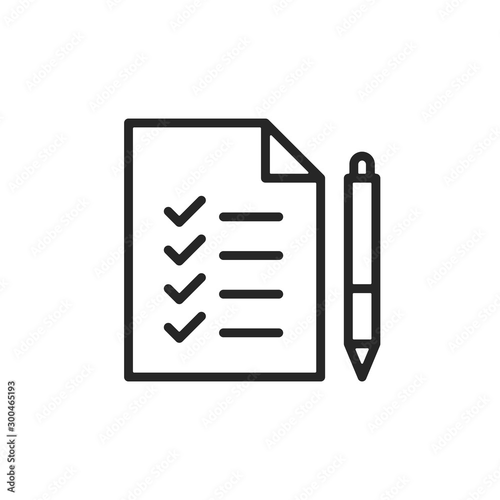 Poster checklist icon. document with check marks and pen. check list concept. simple thin line design. vect