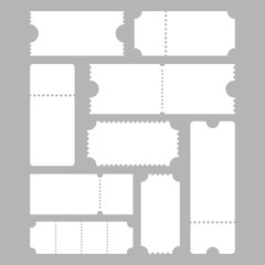 Blank ticket templates set. Concert, festival, cinema, coupon, cinema tickets. Vector illustration isolated on gray background