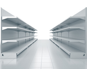 Obraz premium shelves front perspective in supermarket. 3D rendering